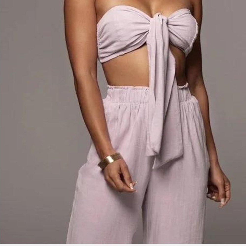 JLUXLABEL Lavender Tie-Front Bandeau Top with Wide-Leg Pants - Picture 2 of 4